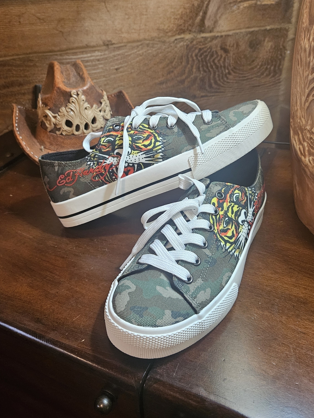 Ed Hardy Woman's Camo Sneakers with Colorful Tiger Graphic and White Laces